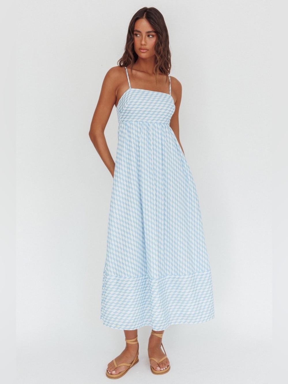 Indikah Shirley Square Neckline Maxi Dress Print Light Blue Small
